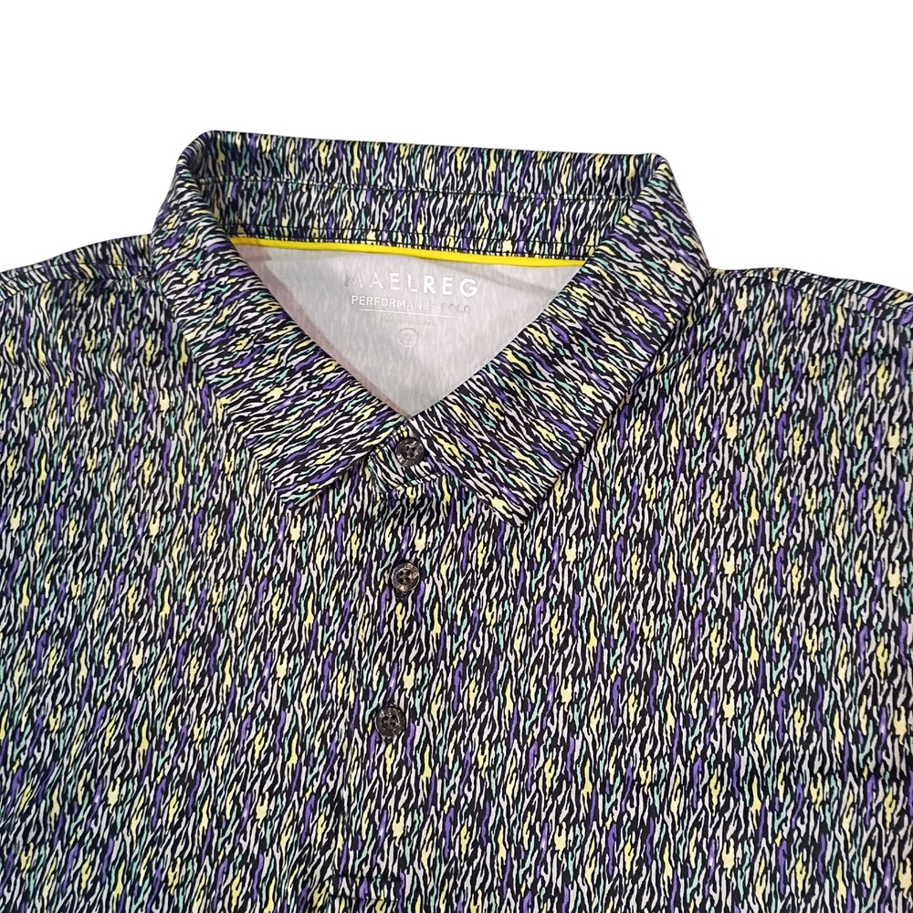 Maelreg Mens XL Performance Polo Golf Shirt Purple Yellow Abstract Print Stretch